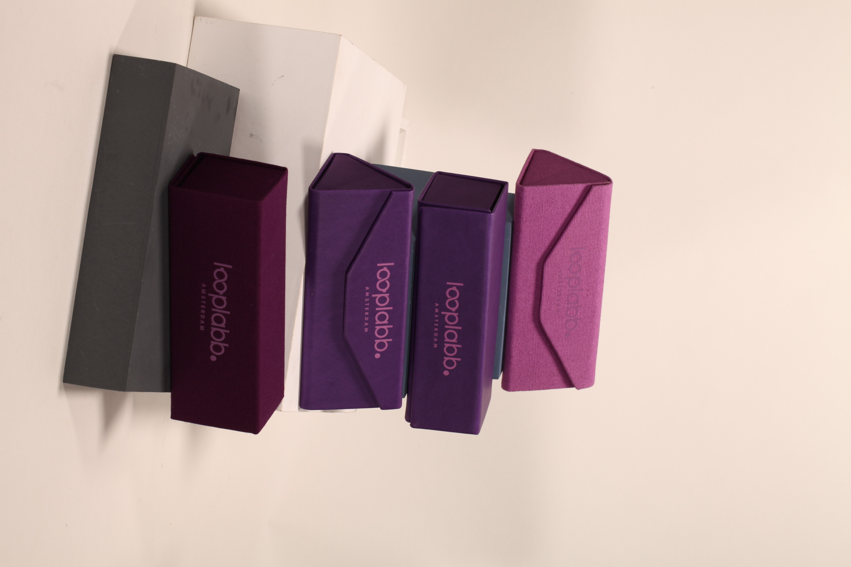 4 styles of triangle folding glasses and square folding glasses, in rose, dark purple, lavender cool colors,