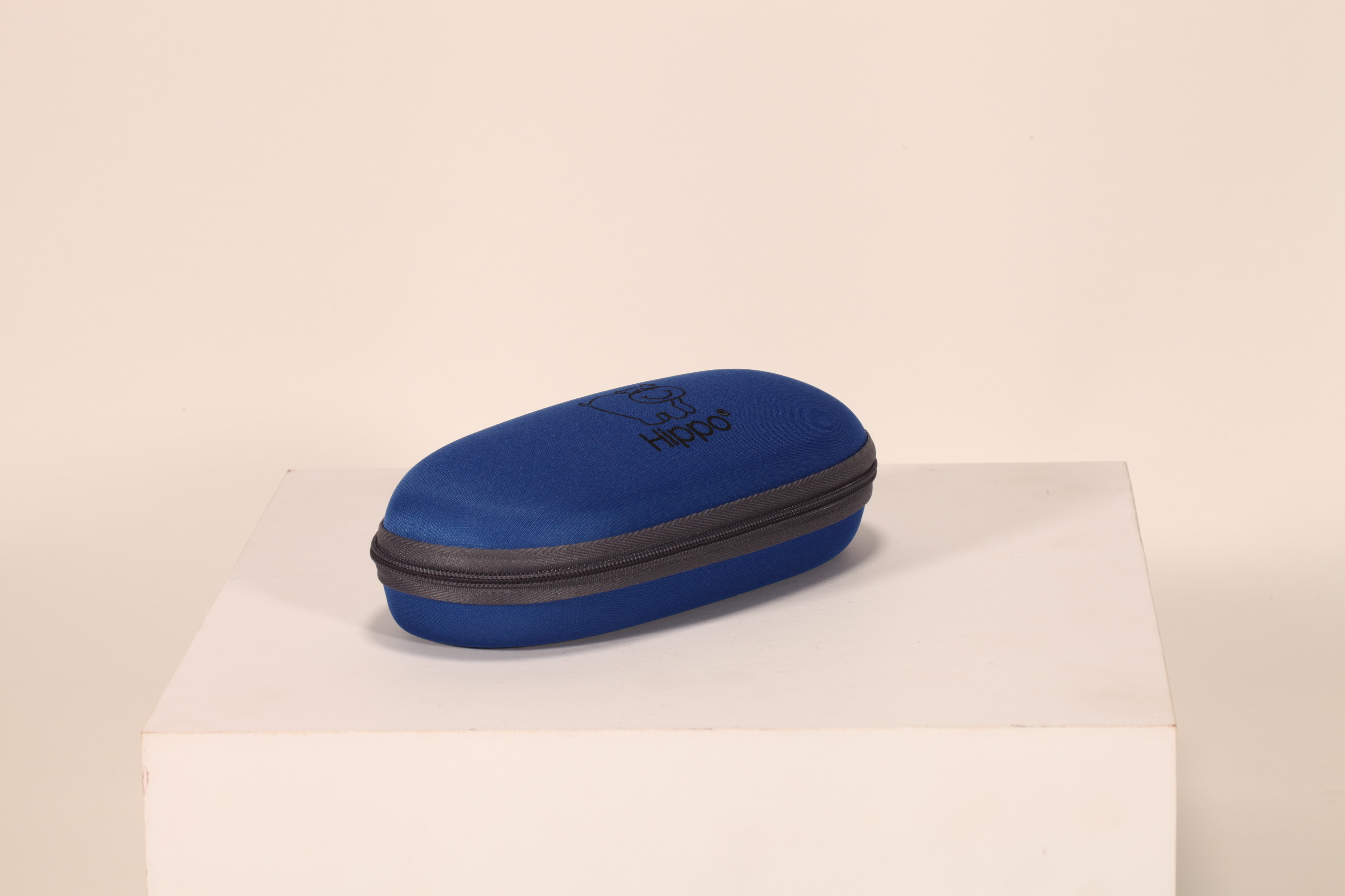 A dark blue EVA zipper glasses case with a calf LOGO printed on it.