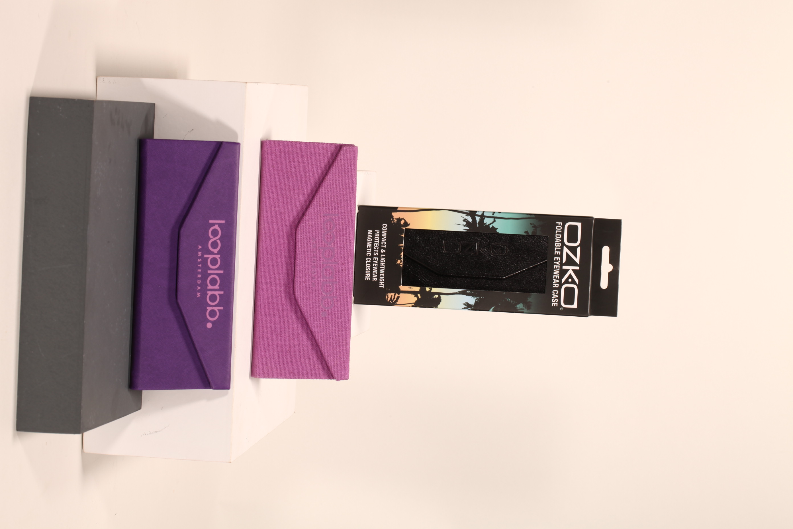 4 styles of triangle folding glasses and square folding glasses, in rose, dark purple, lavender cool colors,