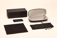A black glasses case set, including paper box, glasses case, paper card, glasses cloth, double cord pocket