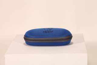 A dark blue EVA zipper glasses case with a calf LOGO printed on it.