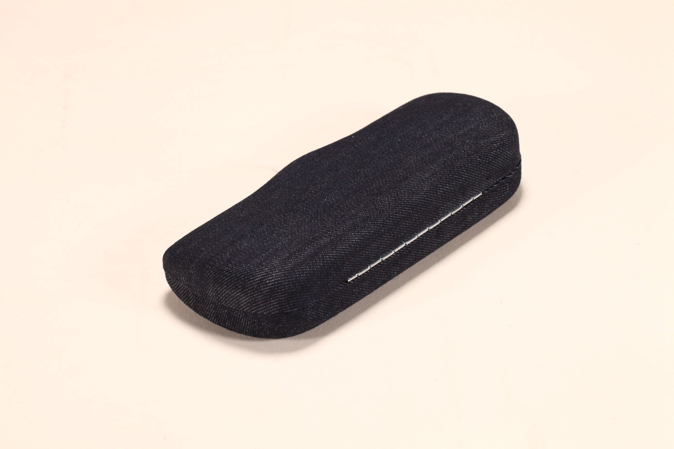 A black denim eyeglasses case with a LOGO lining that can be customized
