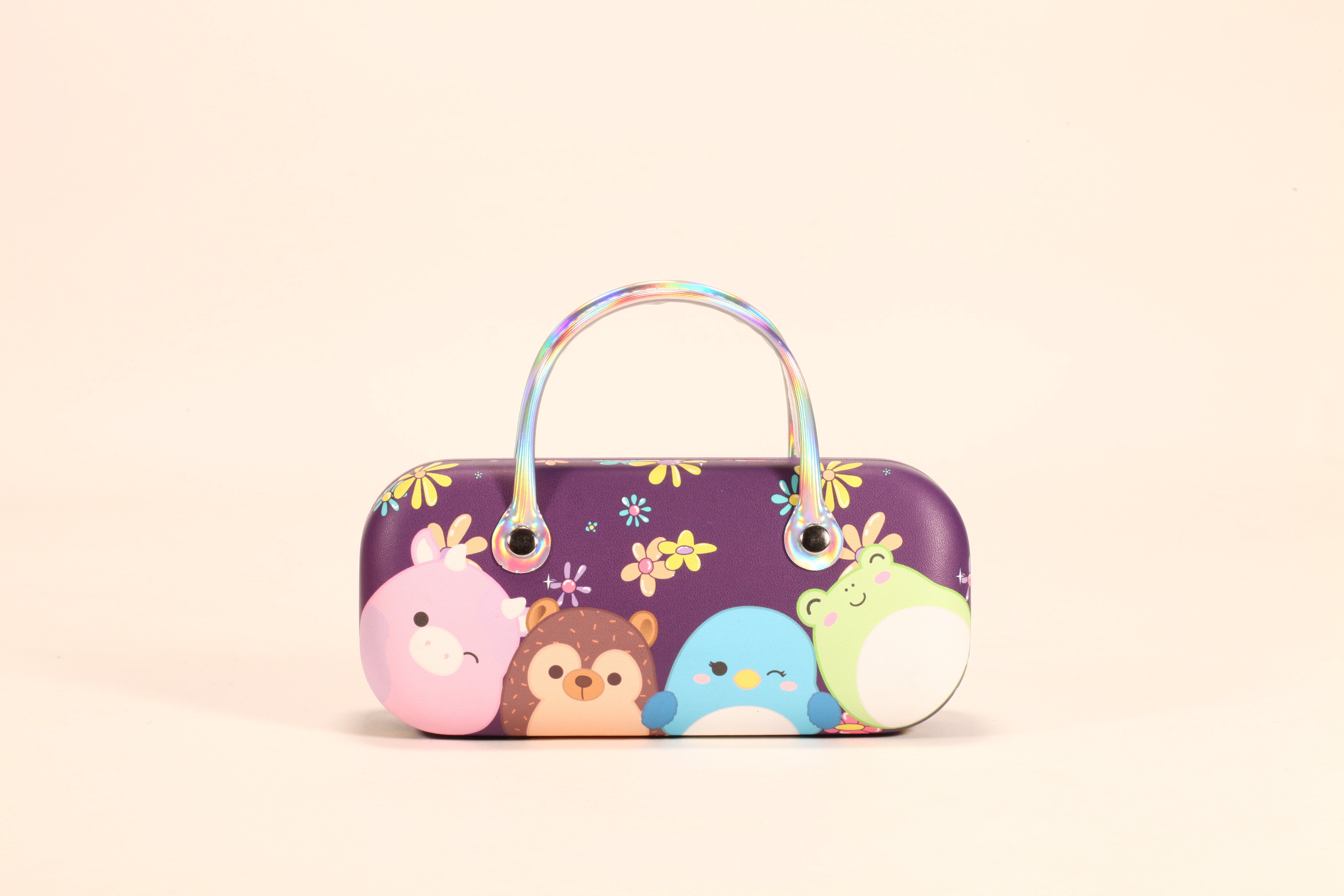 Estas son cajas de hierro portátiles para lentes con asa. Tienen diseños de colores y motivos infantiles, muy adorables.